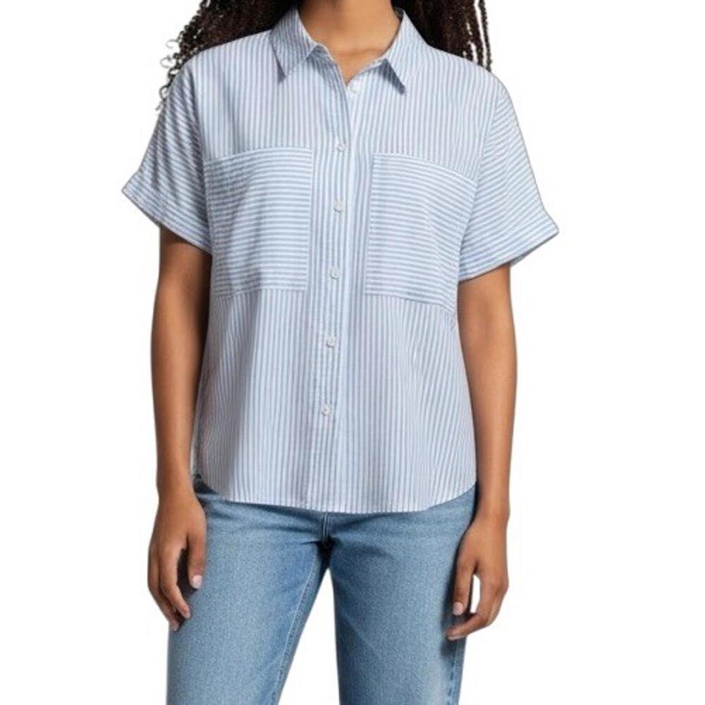FRAME Women’s Striped Short Sleeve Button Up Shirt Blue White Cotton Poplin XS